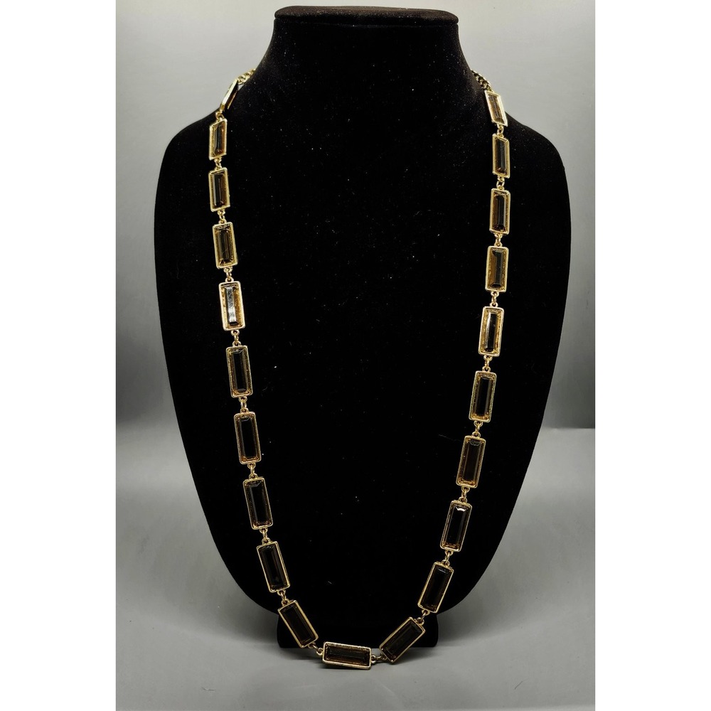 CHICO'S Long Station Necklace Gold Tone Brown Rectangle Stone Chain